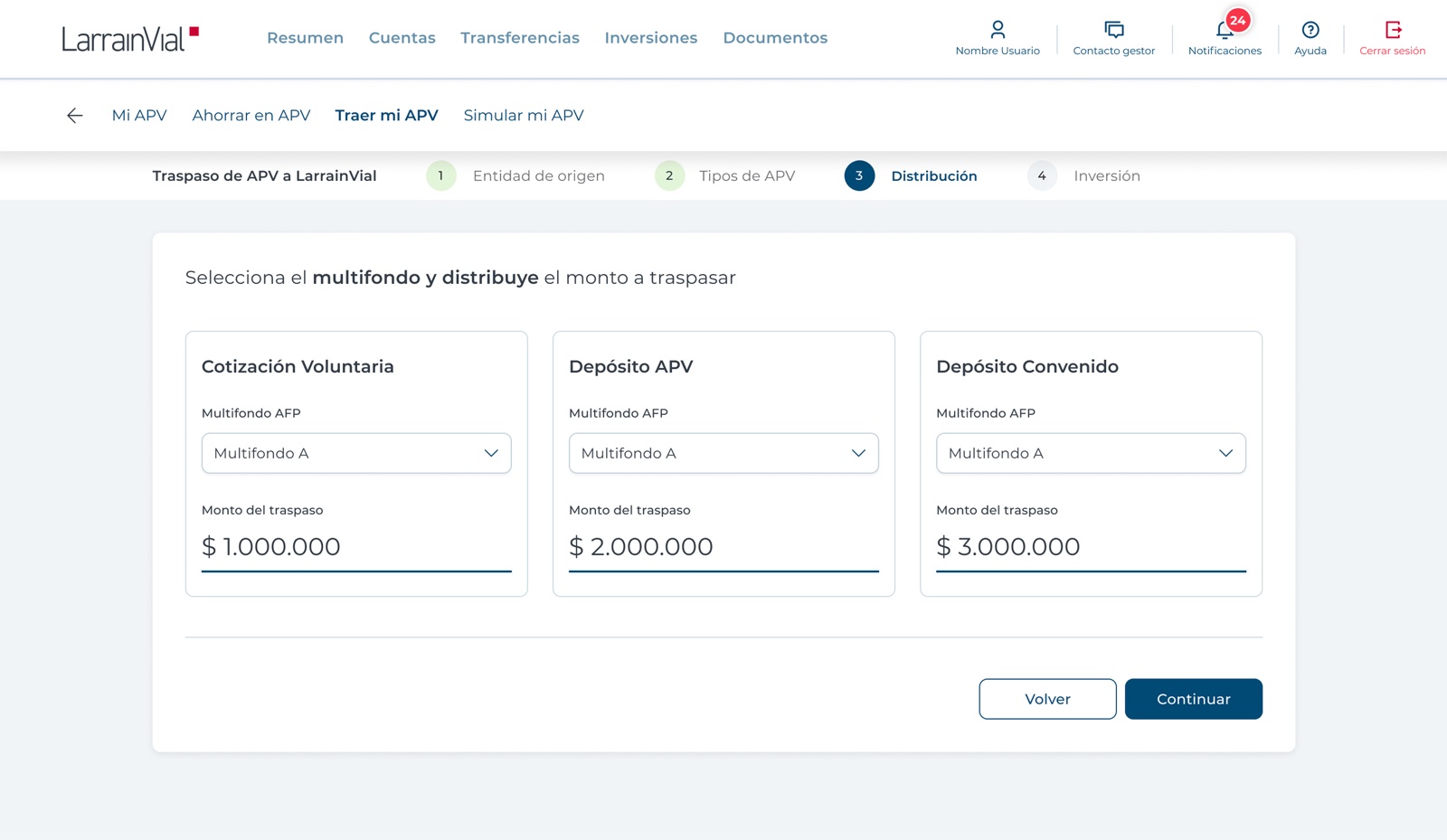 Flujo web detallado para el traspaso de ahorro previsional voluntario (APV)