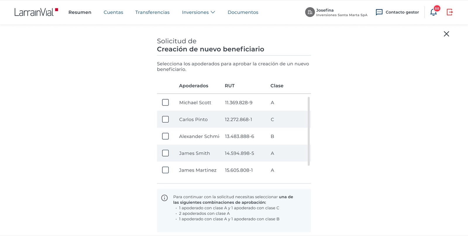 Pantalla de selección de apoderados firmantes según estatutos