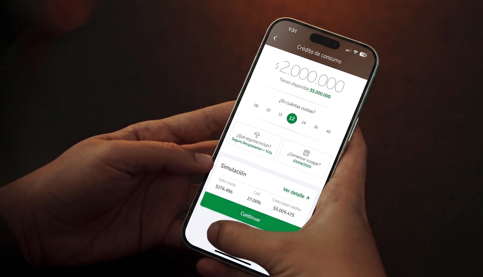 Pantalla principal de la aplicación móvil de CMR Falabella con el slider integrado